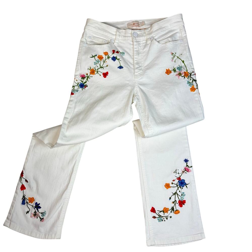 TORY BURCH WOMEN'S CARSON WHITE/FLORAL EMBROIDERED CROPPED FLAIRE JEANS SIZE 25